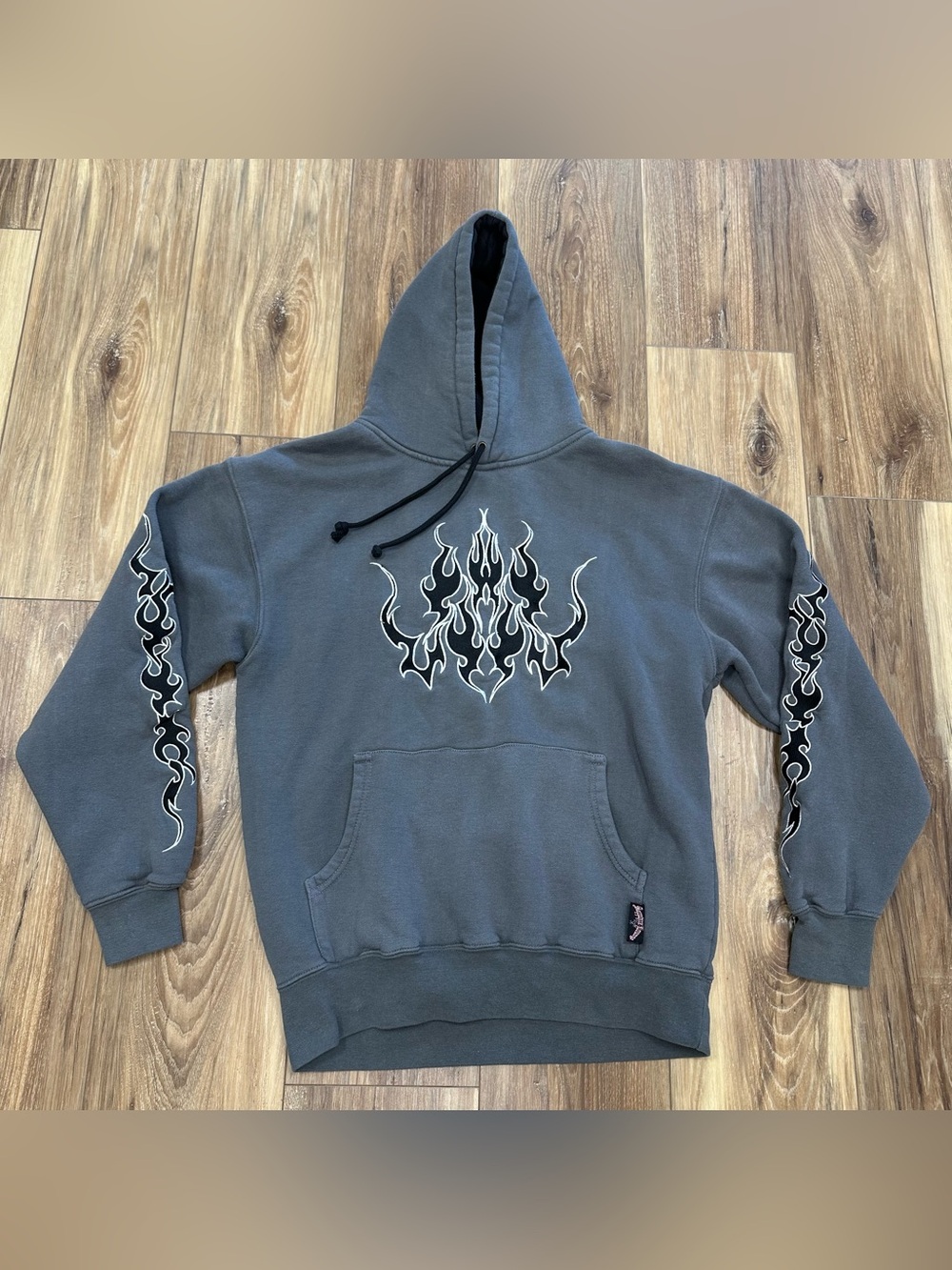 Vintage Y2K Sapphire Lounge Tribal Flames Hoodie Grey Skater Punk, Medium